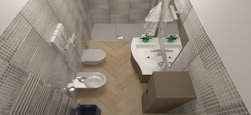 Bagno rivestito interamente con mosaioco bianco, doccia 80x150 cm a nicchia piatto in resina